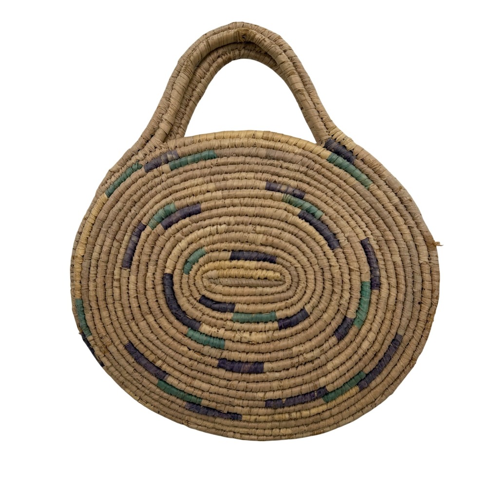 Vintage Woven Straw Circle Tote Bag Boho Natural Raffia Handbag Teal Purple Dash